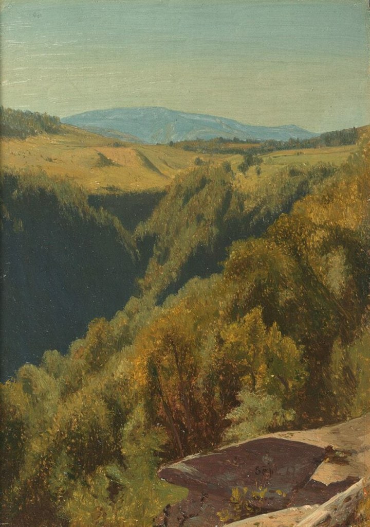 A painting of a view of a valley by McEntee titled Summer Hills, Hunter Mountain