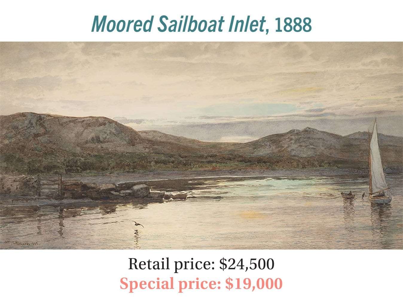 William Trost Richards (1833–1905), Moored Sailboat Inlet, 1888, watercolor on paper, Hudson River School seascape painting