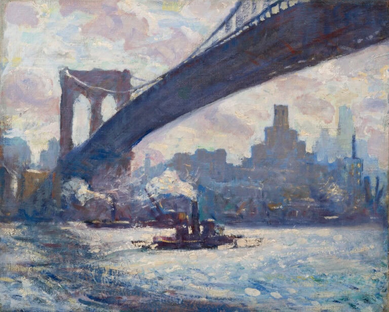painting of the brooklyn bridge with a boat below