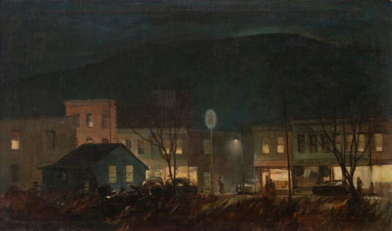 Painting by Tore Asplund. Across a field at night there is a lit-up town with dark mountains behind.