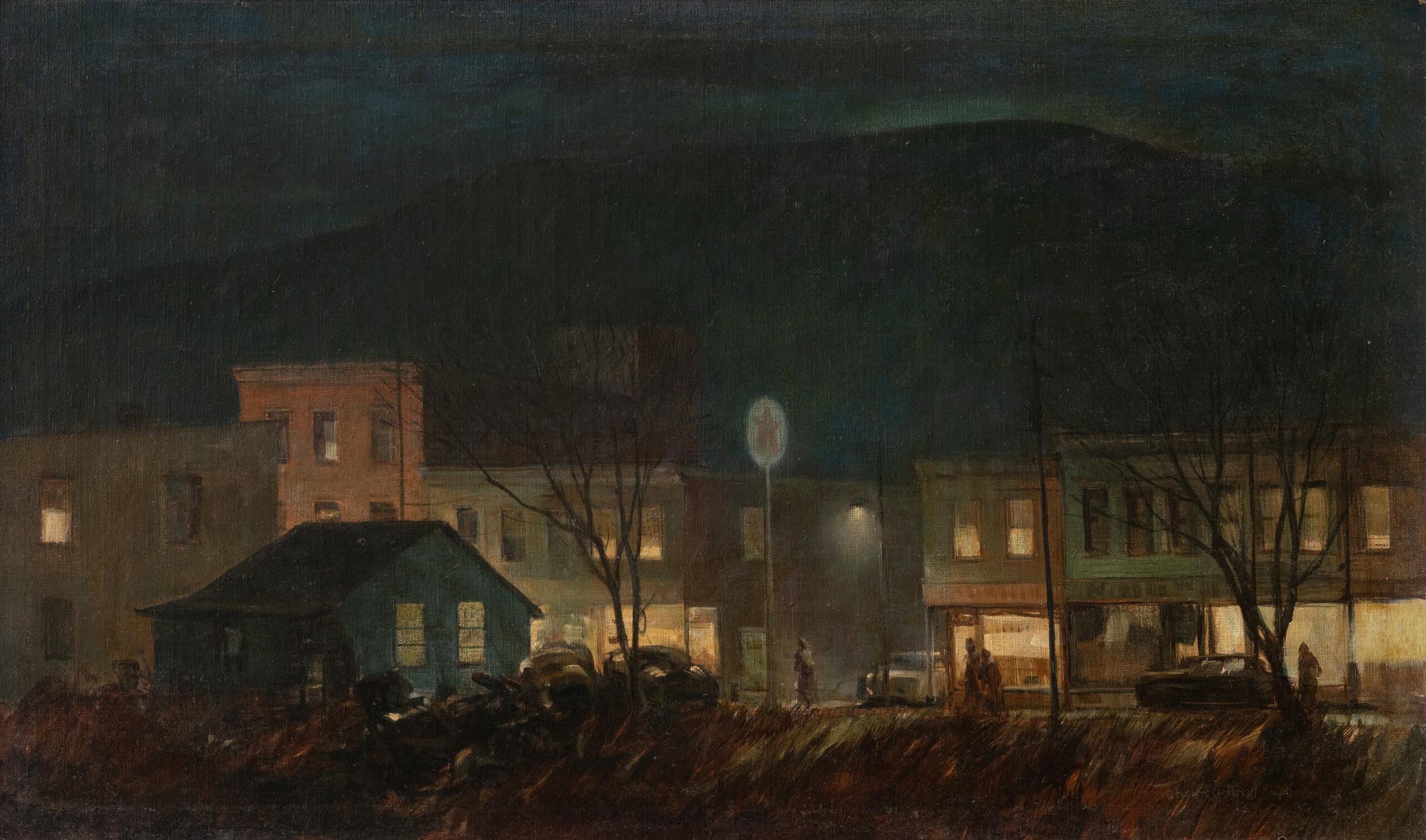 Painting by Tore Asplund. Across a field at night there is a lit-up town with dark mountains behind.