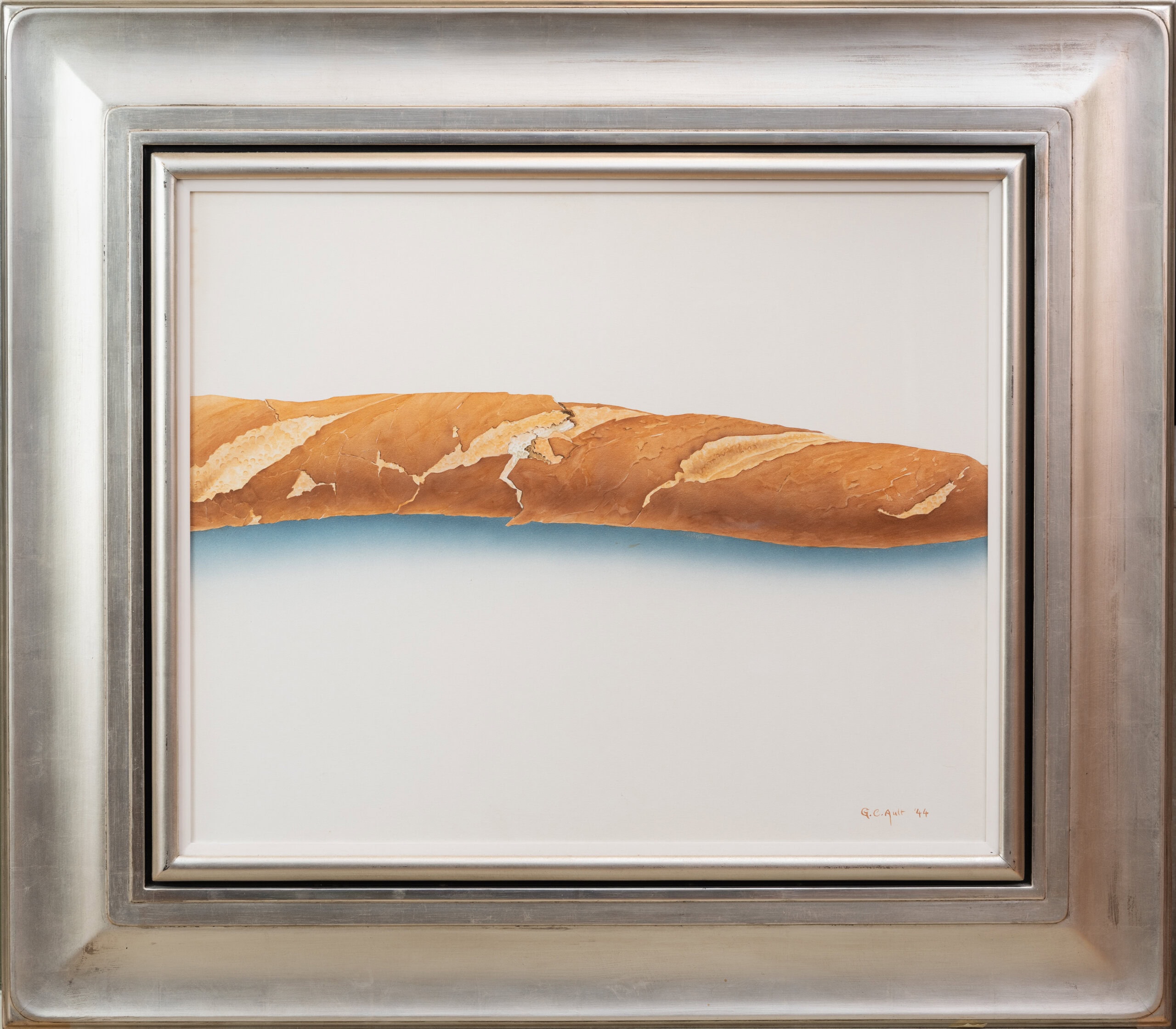 close up painting of a broken baguette on a white background