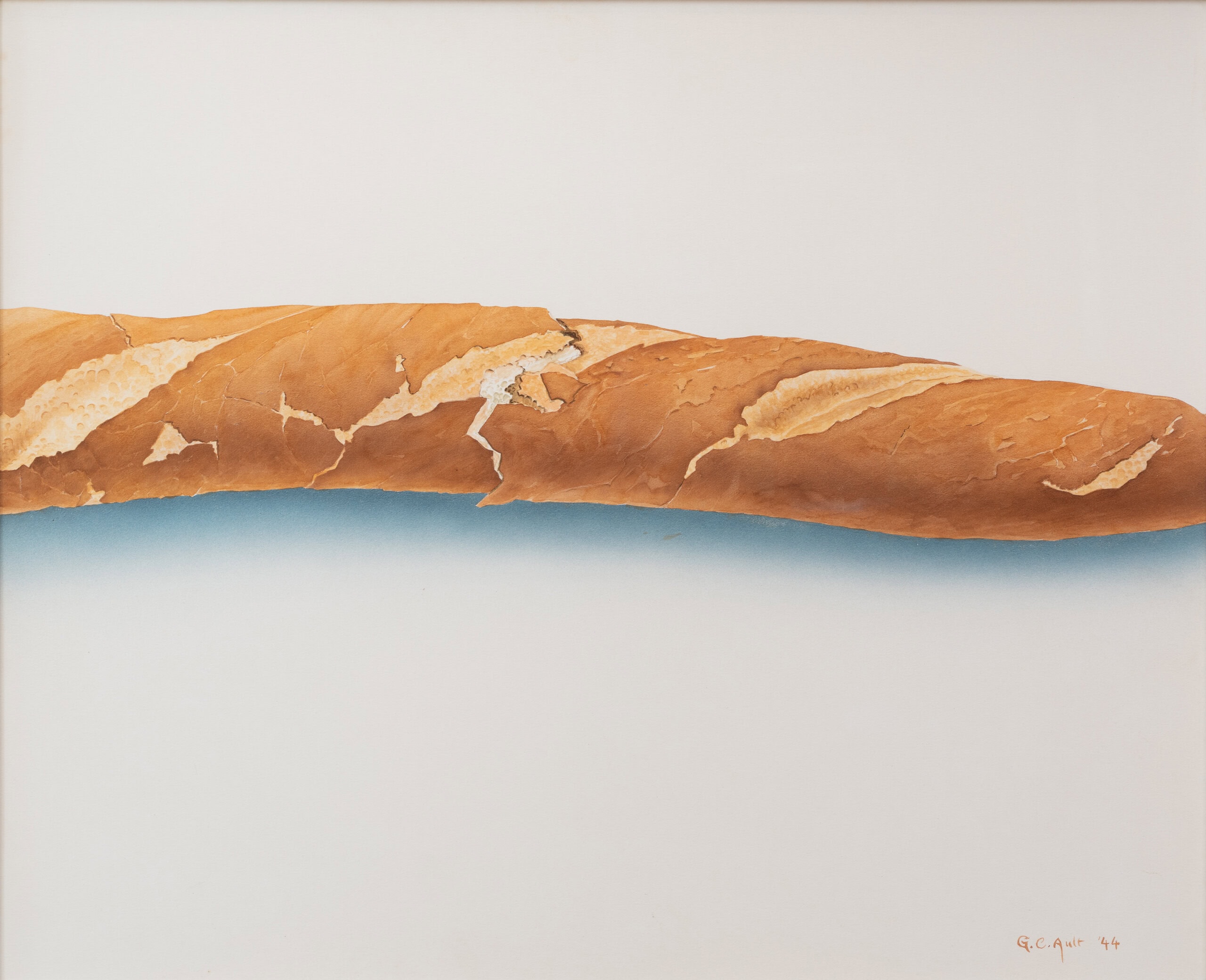 close up painting of a broken baguette on a white background