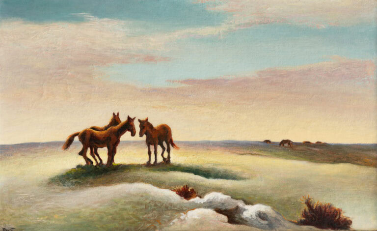 painting of three horses in the middle of a field at dusk