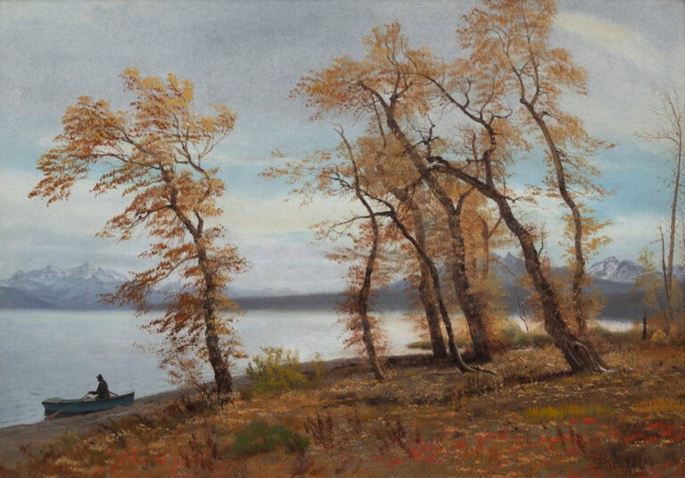 painting of trees with orange leaves and blue lake and mountains in background below blue sky with a man in a boat at the edge of the shore.