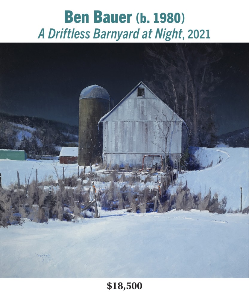 Ben Bauer (b. 1980), A Driftless Barnyard at Night, 2021, oil on aluminum panel, American contemporary landscape painting