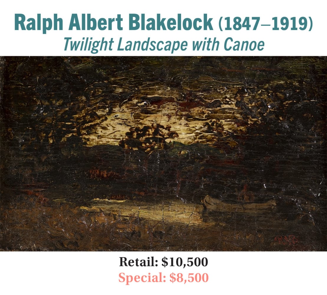 Ralph Albert Blakelock (1847–1919), Twilight Landscape with Canoe, oil on panel, American visionary landscape painting