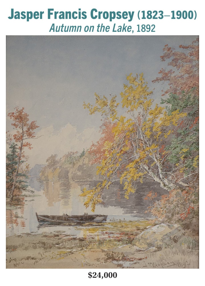 Jasper Francis Cropsey (1823–1900), Autumn on the Lake, 1892, watercolor on paper, Hudson River School landscape painting