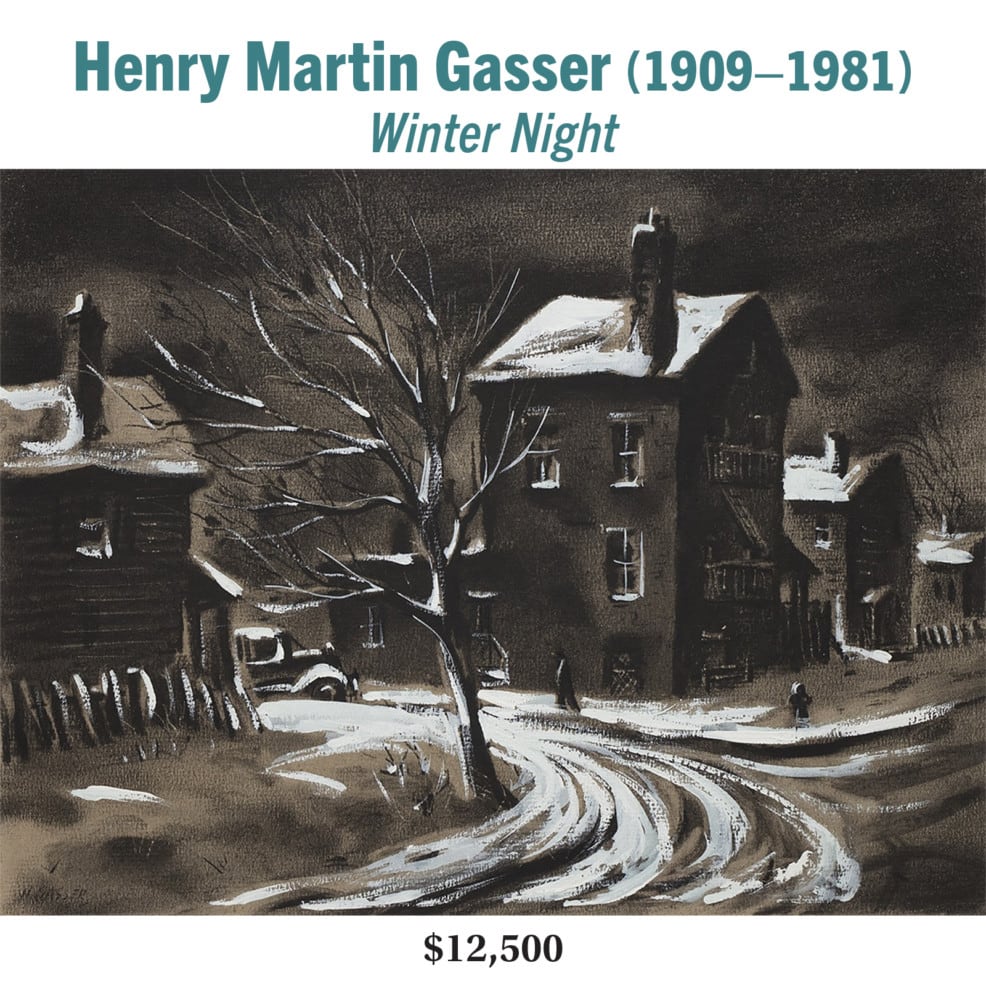 Henry Martin Gasser (1909–1981), Winter Night, Charcoal and gouache on paper, American modernist landscape painting