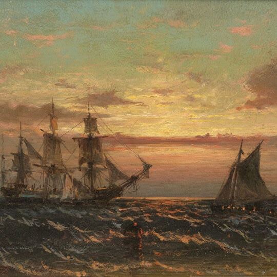 Coastal Scene at Sunset with Ships