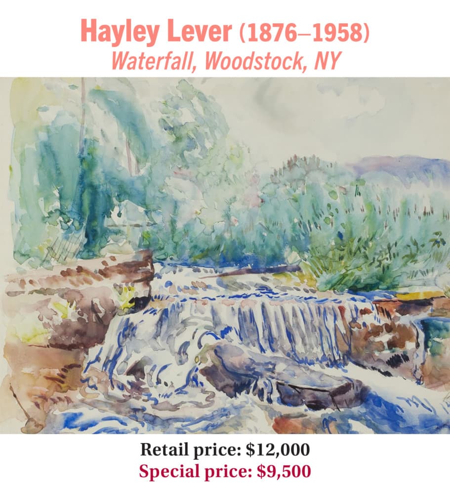 Hayley Lever (1876–1958), Waterfall, Woodstock, NY, watercolor on paper, American impressionist landscape painting