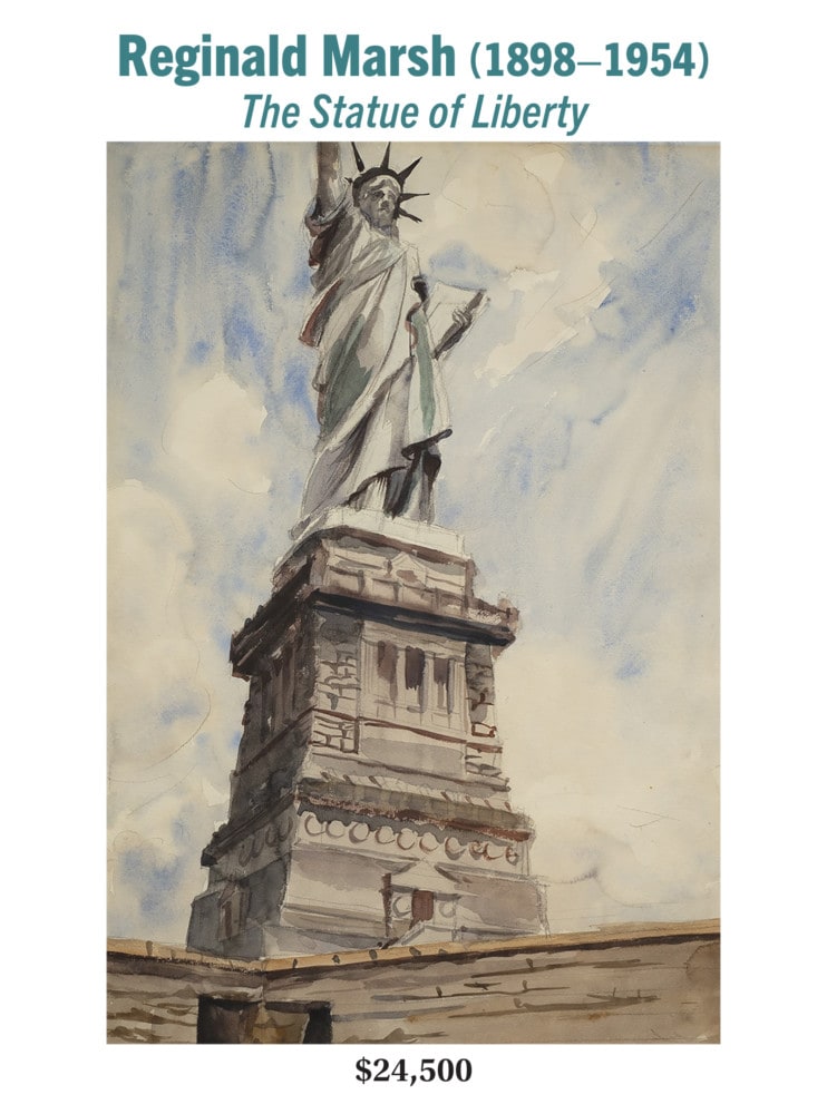 Reginald Marsh (1898–1954), The Statue of Liberty, watercolor and pencil on paper, American modernist cityscape painting