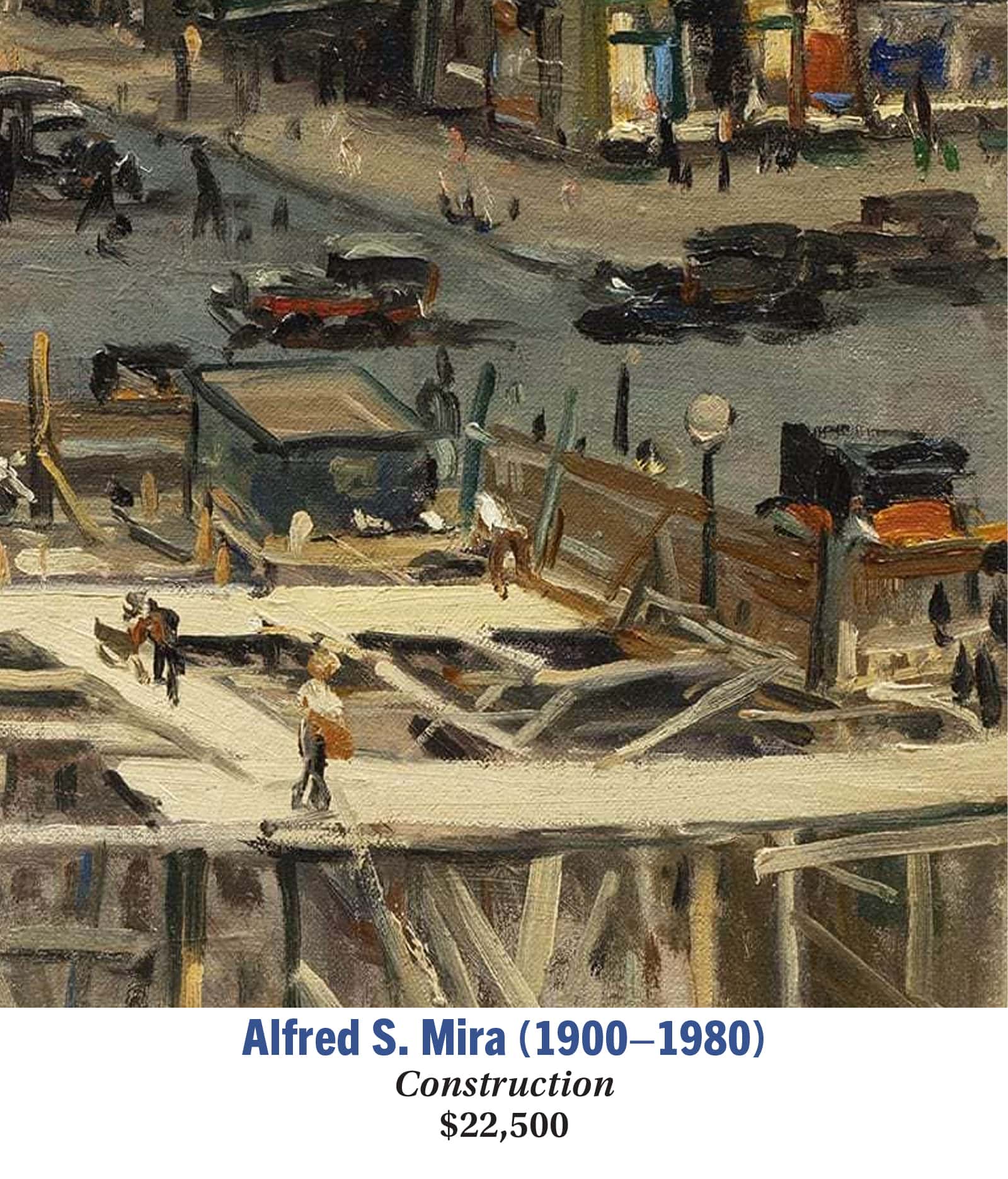 Alfred S. Mira (1900–1980), Construction, Oil on canvas board, American modernist painting, detail image