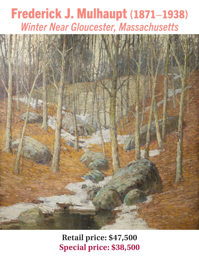 Frederick J. Mulhaupt (1871–1938), Winter Near Gloucester, Massachusetts, oil on canvas, American impressionist landscape painting