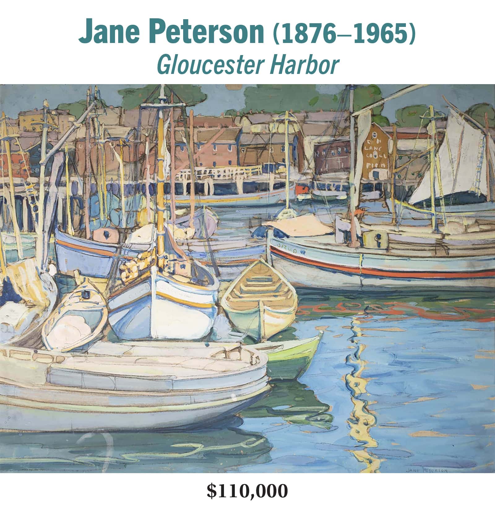 Jane Peterson 18761965 Gloucester Harbor Gouache and charcoal on paper American impressionist harbor painting