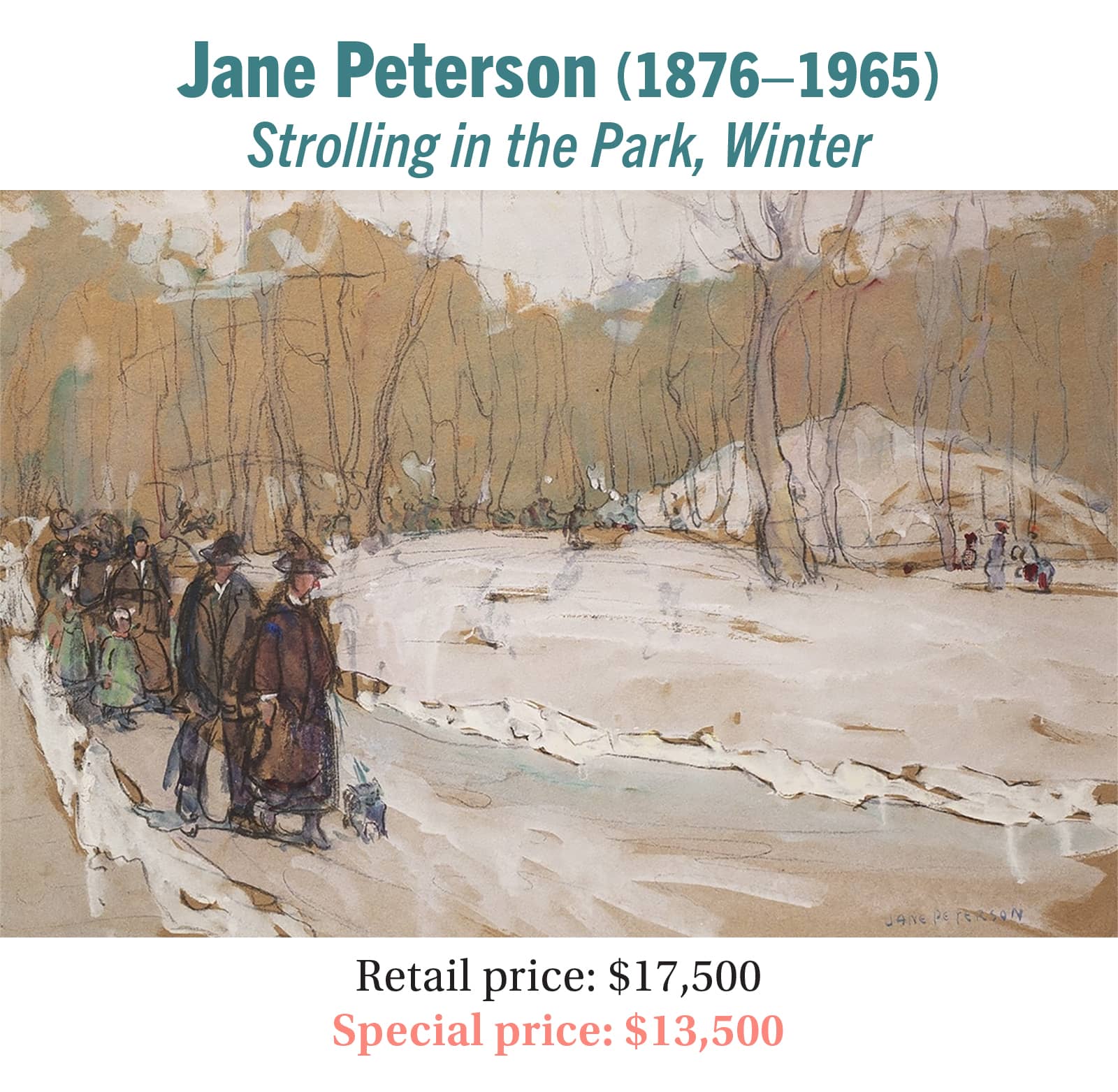 Jane Peterson 18761965 Strolling in the Park Winter Gouache and watercolor on paper American impressionist landscape painting