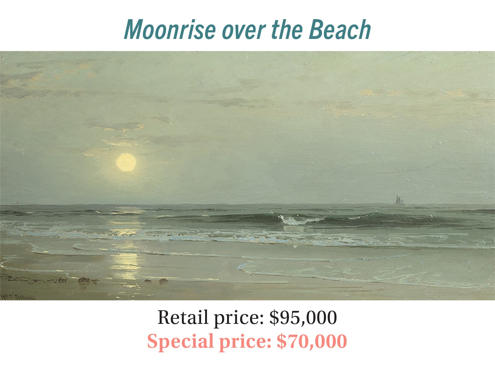 William Trost Richards (1833–1905), Moonrise over the Beach, oil on canvas, Hudson River School seascape painting