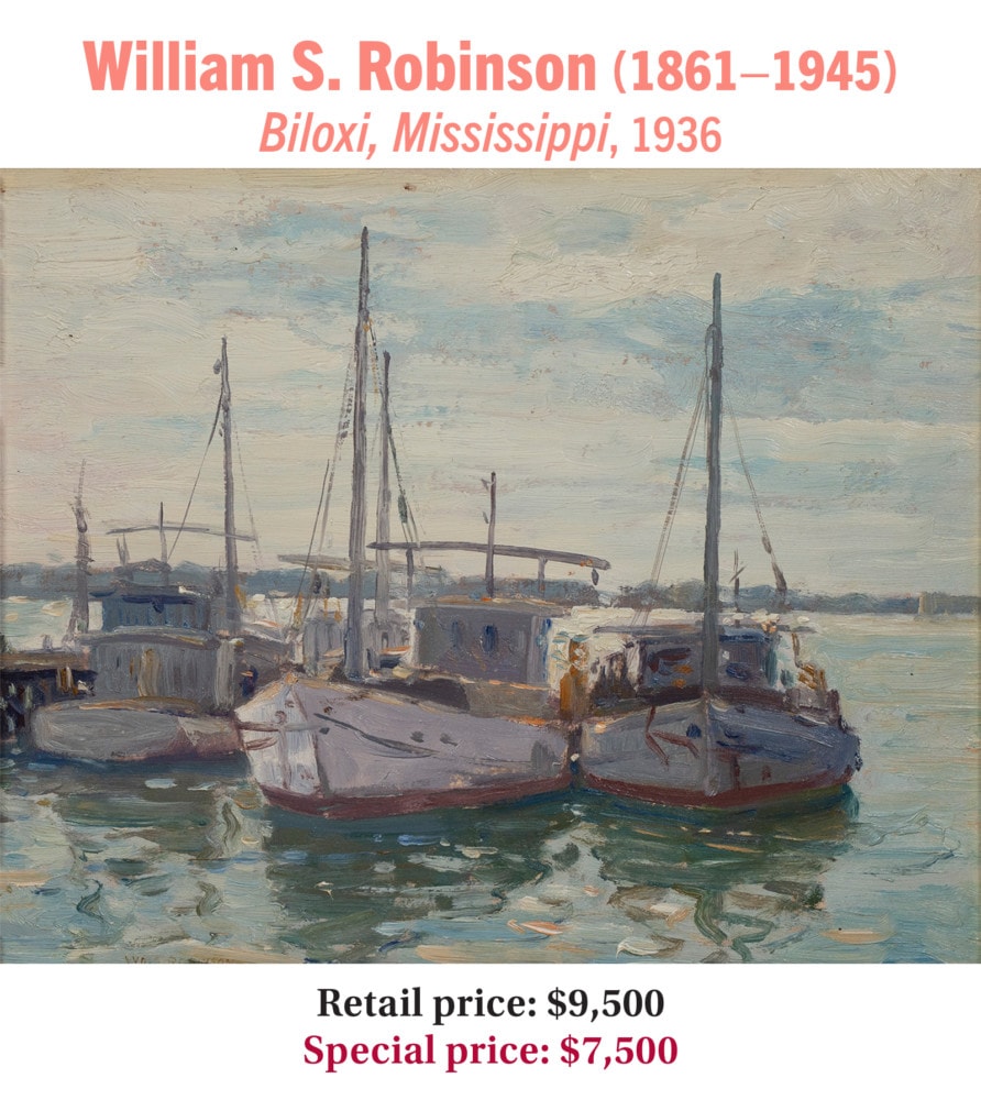 William S. Robinson (1861–1945) Biloxi, Mississippi, 1936, oil on board, American impressionist harbor scene