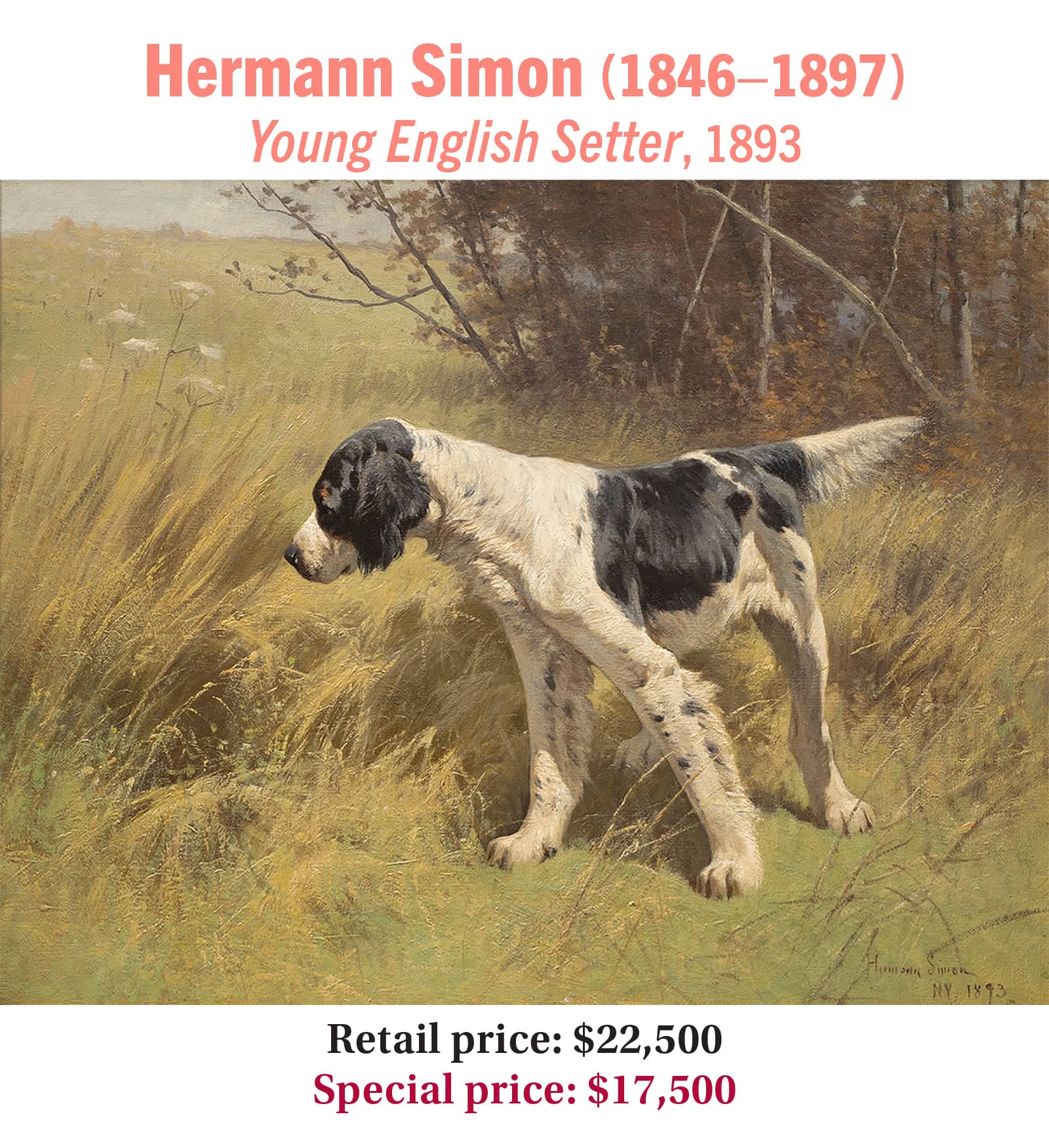 Hermann Simon (1846–1897), Young English Setter, 1893, oil on canvas, American sporting art