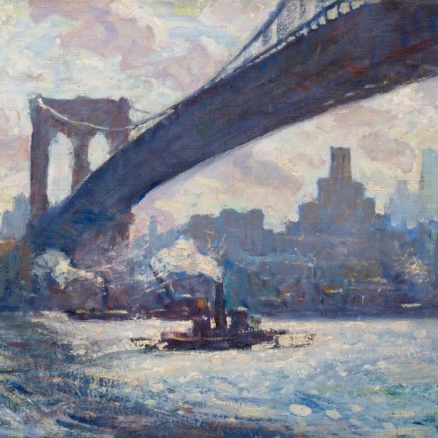 painting of the brooklyn bridge with a boat below