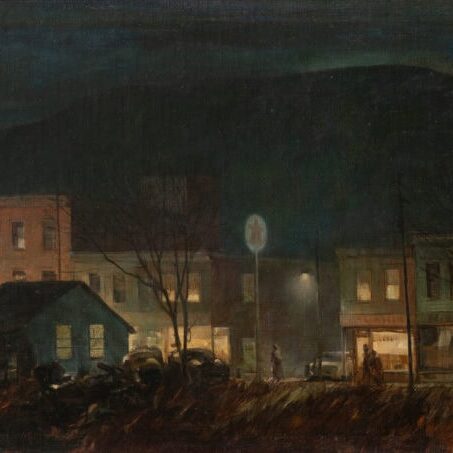 Painting by Tore Asplund. Across a field at night there is a lit-up town with dark mountains behind.