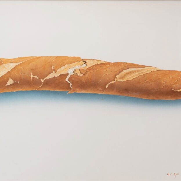 close up painting of a broken baguette on a white background