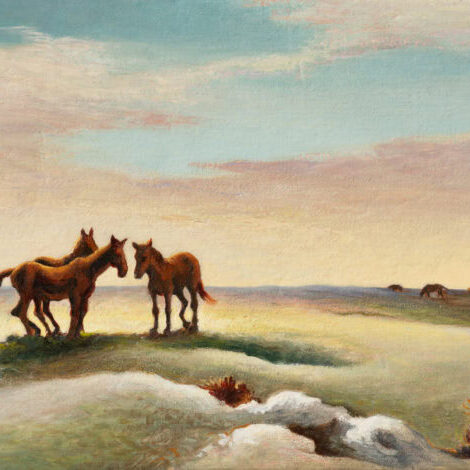 painting of three horses in the middle of a field at dusk