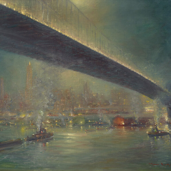 Johann Berthelsen paints a nighttime view of The Brooklyn Bridge from underneath; Manhattan lights diffuse in the water, traffic passes overhead, and tugboats travel the river below in his oil painting, “Brooklyn Bridge.”