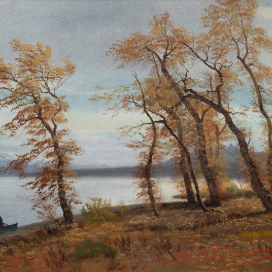 painting of trees with orange leaves and blue lake and mountains in background below blue sky with a man in a boat at the edge of the shore.