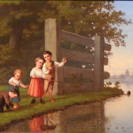 Johann Mongles Culverhouse paints a pastoral scene of children fishing in a tranquil stream with green trees behind in his work entitled, “Children Playing by the River.”