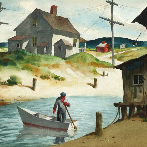 In his watercolor painting, “Man in a Rowboat,” Henry Martin Gasser paints a man standing in a small boat on a creek between two houses; power lines stretch across the sky above. 