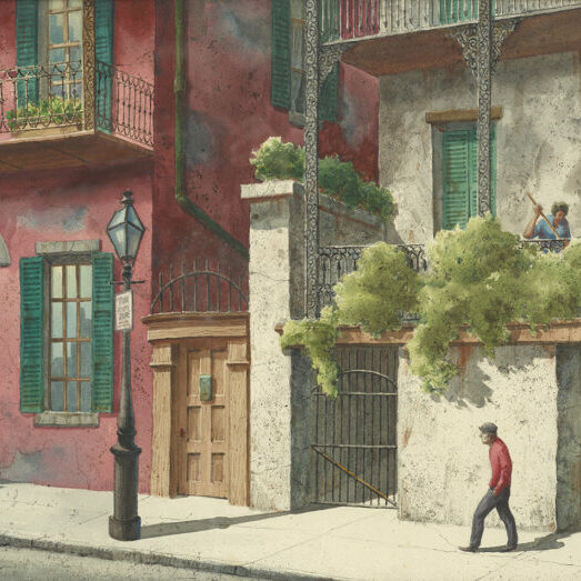 Henry Martin Gasser depicts a man walking down a New Orleans sidewalk past the facades of two buildings, while a woman cleans a porch above and another man sits on a stoop, in his watercolor painting, “New Orleans Street Scene.” 