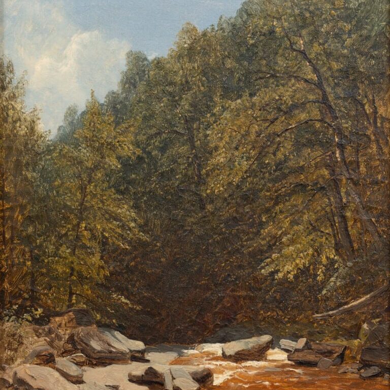 Sanford Robinson Gifford paints a small mountain stream surrounded by rocks and a canopy of green trees in his oil painting, “Rocks and Brook in the Catskills.” 