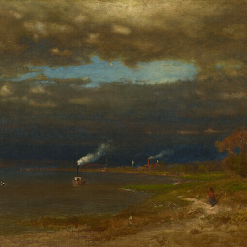 Painter George Inness depicts a lone figure on a coastline beneath a bank of dark clouds, while a waterside building and a steamship release two plumes of smoke in his work “Coming Storm, 1864.”