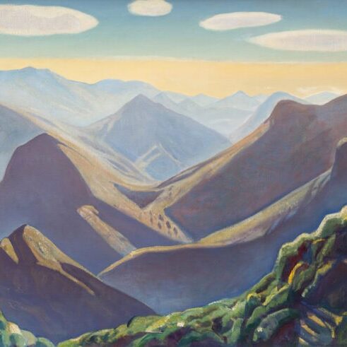 Rockwell Kent paints a modernist interpretation of French mountain peaks beneath a golden sky in his oil painting, “Alpes-Maritimes.”