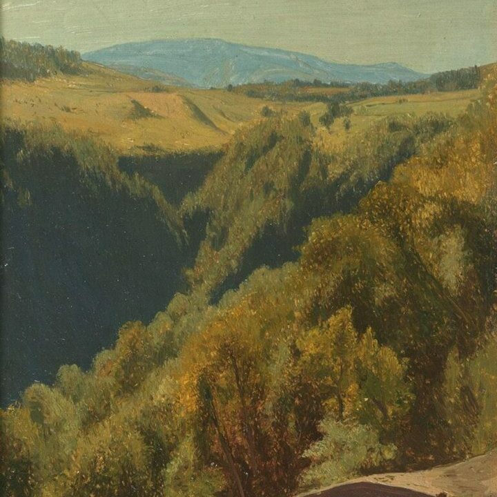 A painting of a view of a valley by McEntee titled Summer Hills, Hunter Mountain