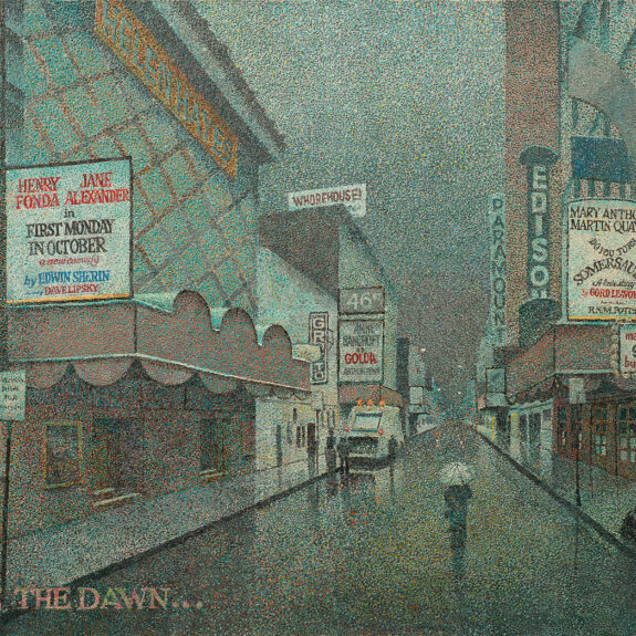 Alec Montroy paints a lone figure walking down an empty city street between the marquees of Broadway theaters as gray pre-dawn light diffuses across the sky in his artwork entitled, “Came the Dawn.” 