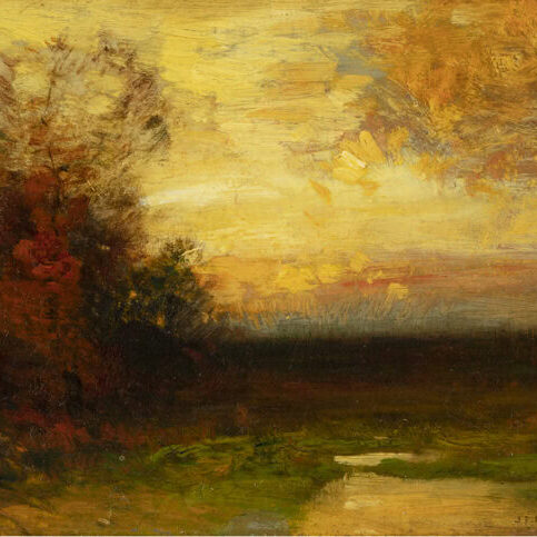 In his oil painting, “Autumn Sunset, 1896,” John Francis Murphy paints a vibrant yellow sky above a tree displaying autumn foliage, grassland, and a small stream. 