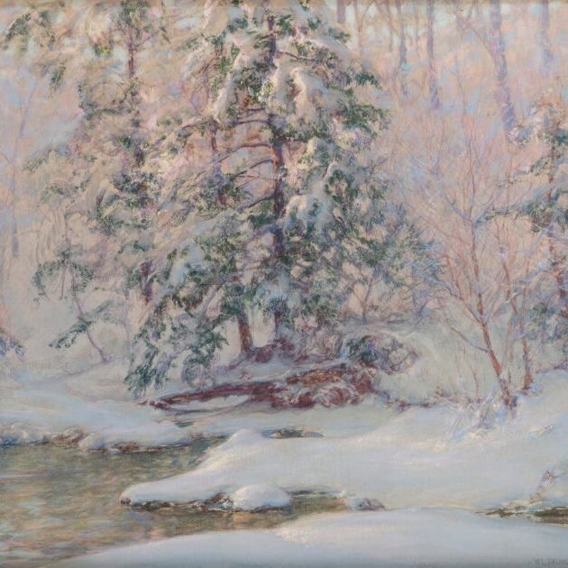 In his oil painting, “Under the Hemlocks,” Walter Launt Palmer paints a small brook in a snowy wood. 