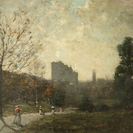 Julian Walbridge Rix paints figures strolling through a park in autumn while city spires rise in the background in his oil painting, “In the Park.”