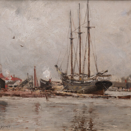 In his oil painting, “Gloucester,” Guy C. Wiggins paints a large sailing ship docked at the edge of harbor, its three masts reaching up towards a morose gray sky. 
