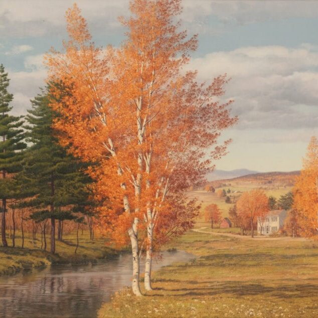 In his oil painting, “Birches in Autumn,” Carl Wuermer paints abrook running through a meadow and bordered by evergreens and birches displaying autumn color.